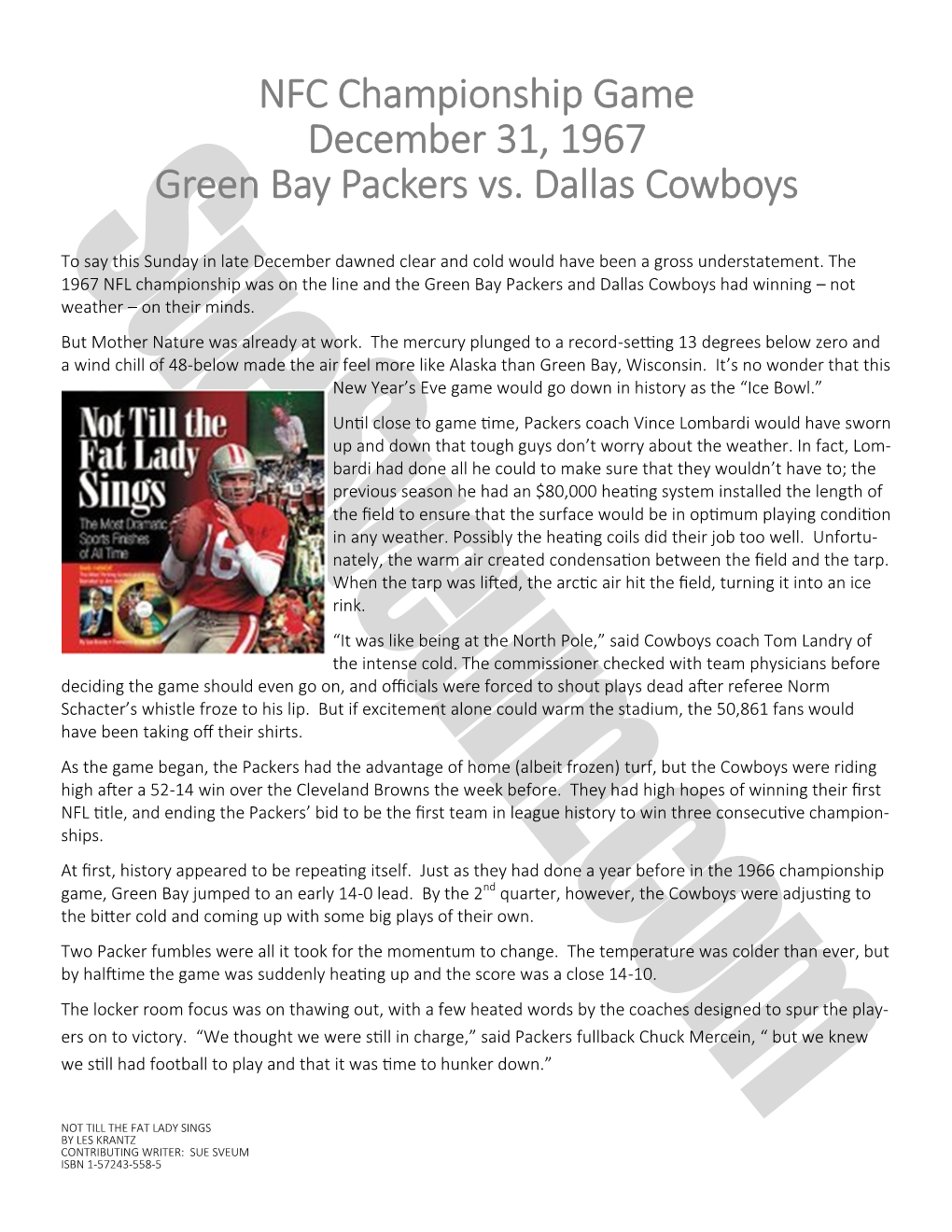 NFC Championship Game December 31, 1967 Green Bay Packers Vs