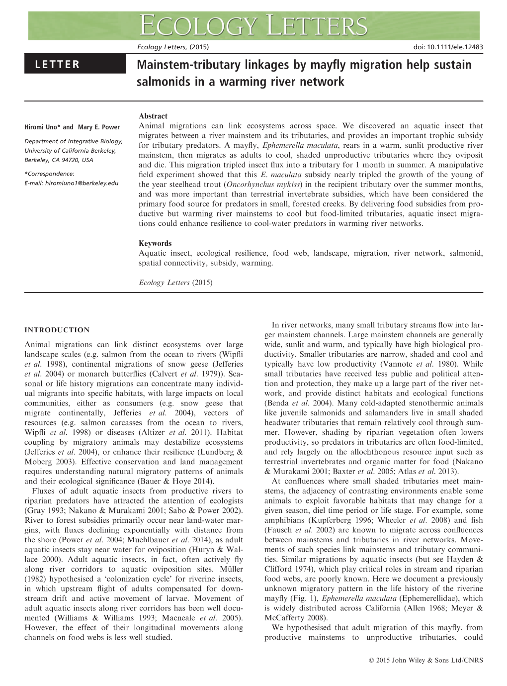 Tributary Linkages by Mayfly Migration