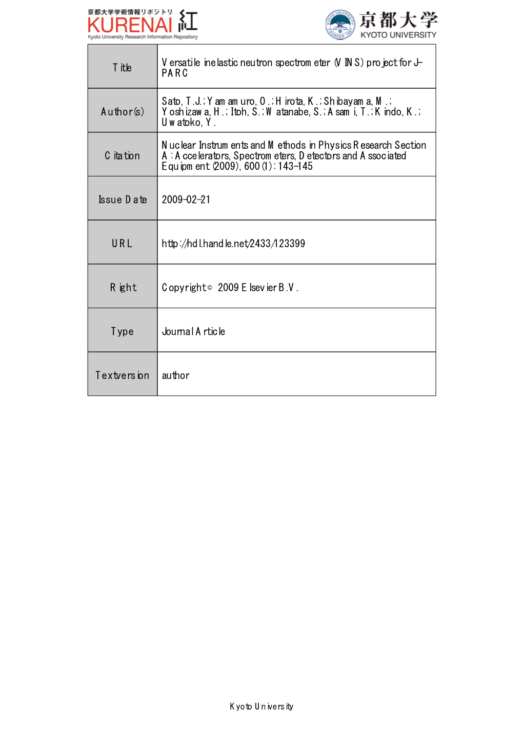 Title Versatile Inelastic Neutron Spectrometer (VINS) Project for J