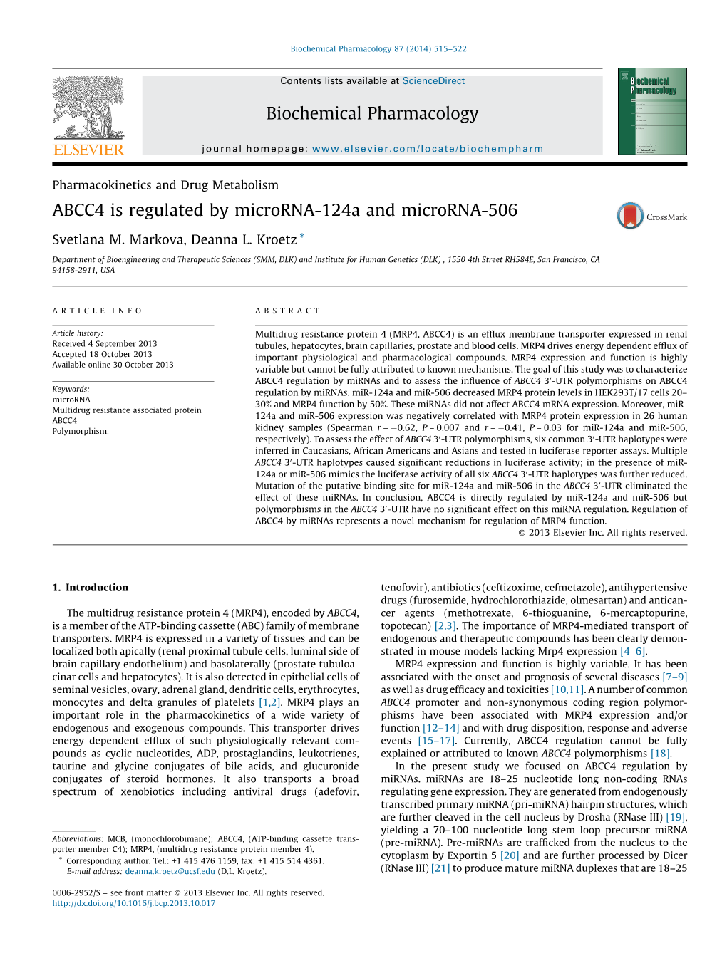 ABCC4 Is Regulated by Microrna-124A and Microrna-506