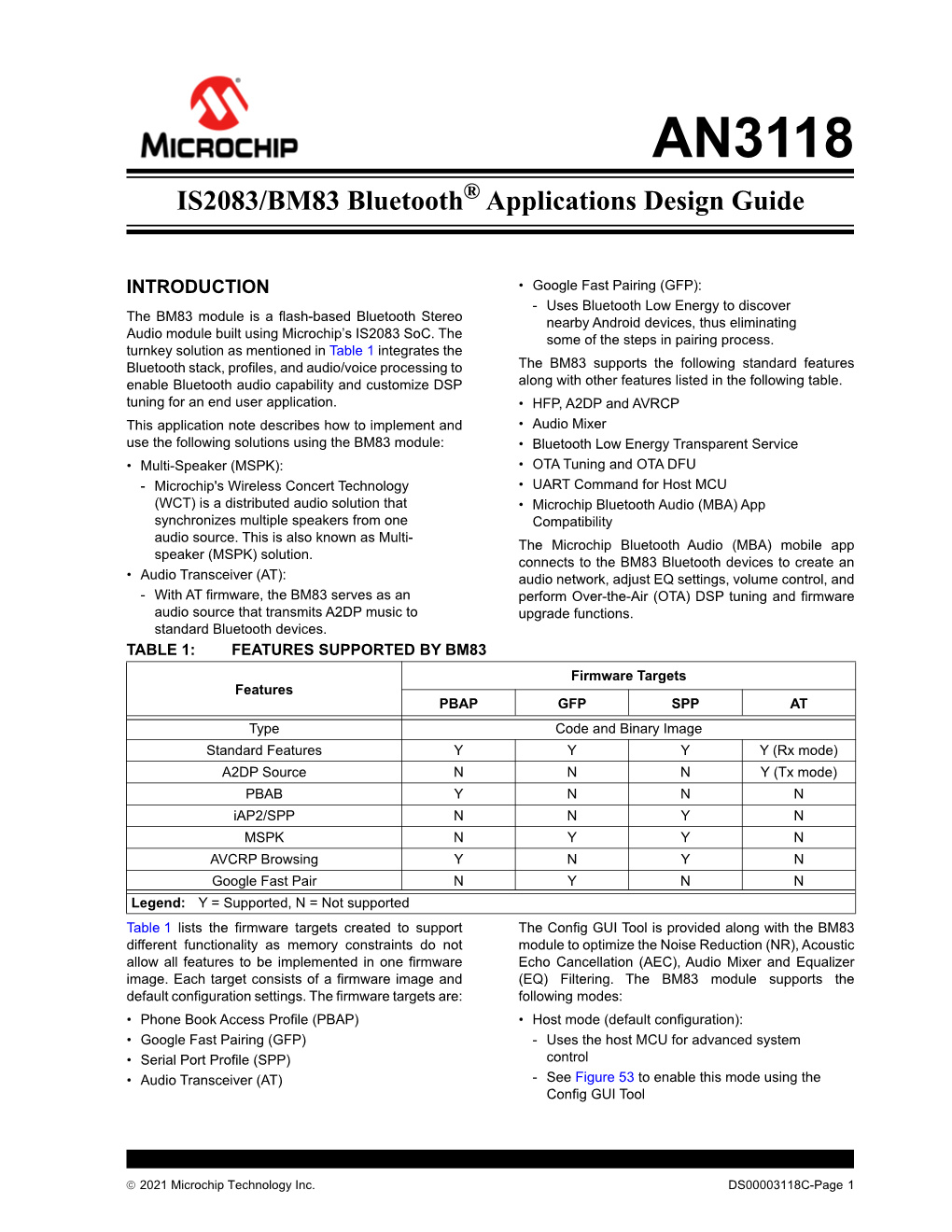 AN3118 IS2083/BM83 Bluetooth® Applications Design Guide