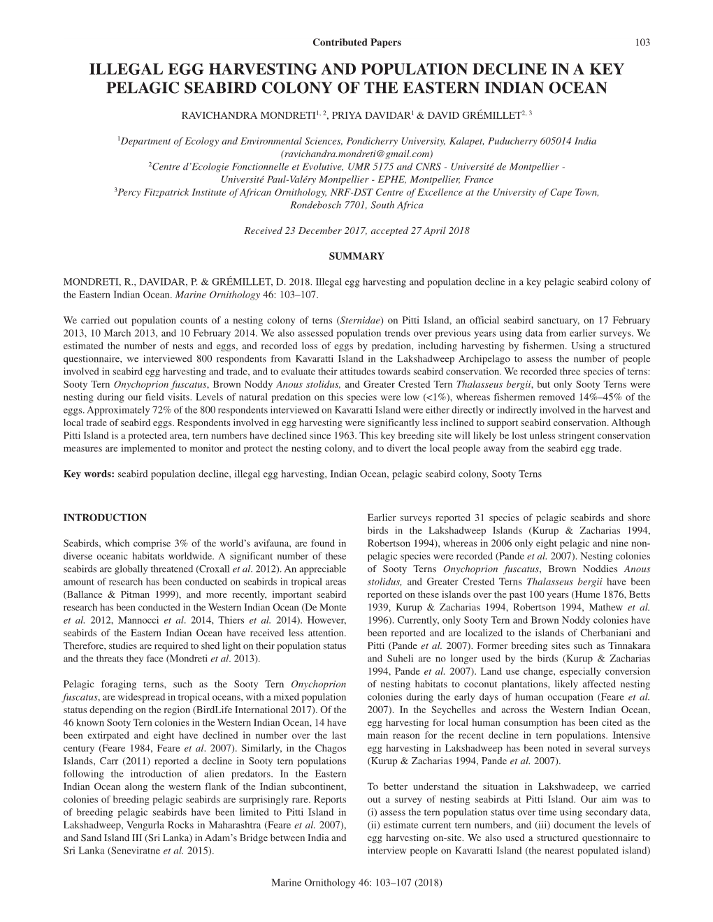 Illegal Egg Harvesting and Population Decline in a Key Pelagic Seabird Colony of the Eastern Indian Ocean