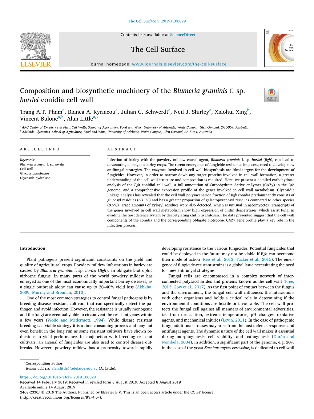 Composition and Biosynthetic Machinery of the Blumeria Graminis F. Sp. Hordei Conidia Cell Wall