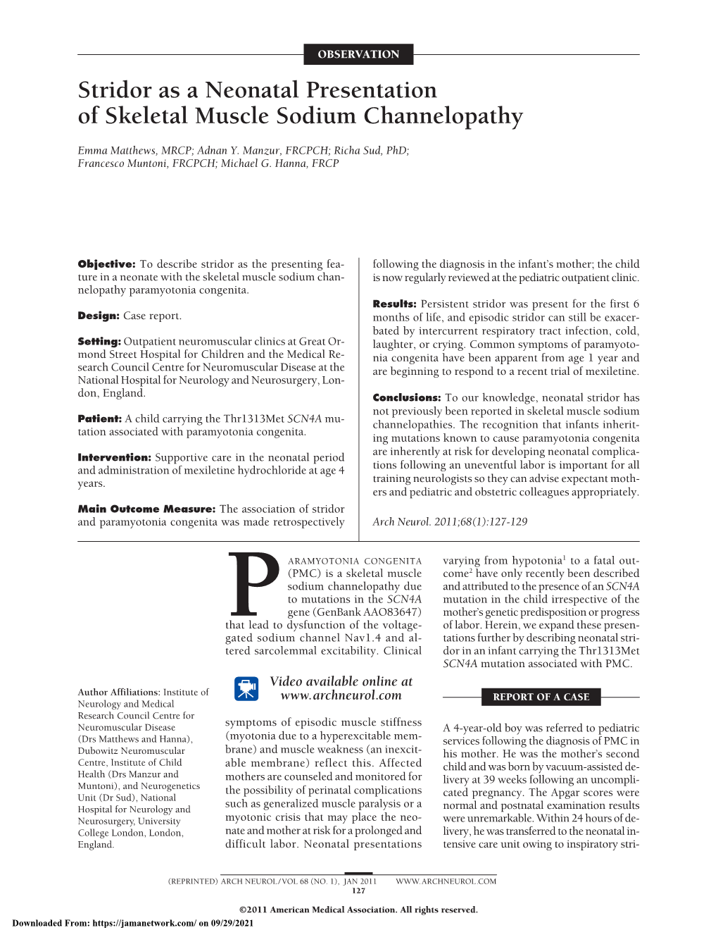 Stridor As a Neonatal Presentation of Skeletal Muscle Sodium Channelopathy