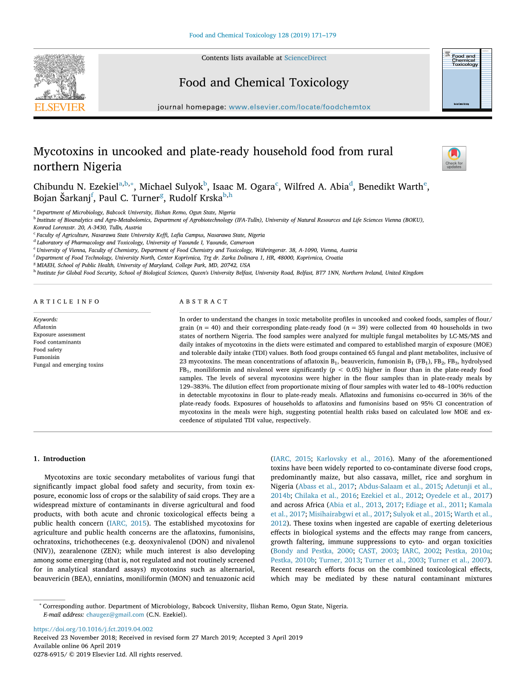 Mycotoxins in Uncooked and Plate-Ready Household Food from Rural Northern Nigeria T