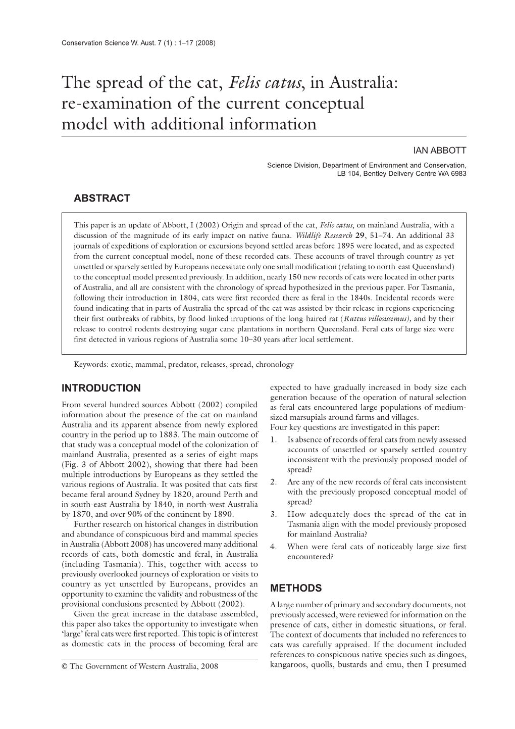 The Spread of the Cat, Felis Catus, in Australia: Re-Examination of the Current Conceptual Model with Additional Information