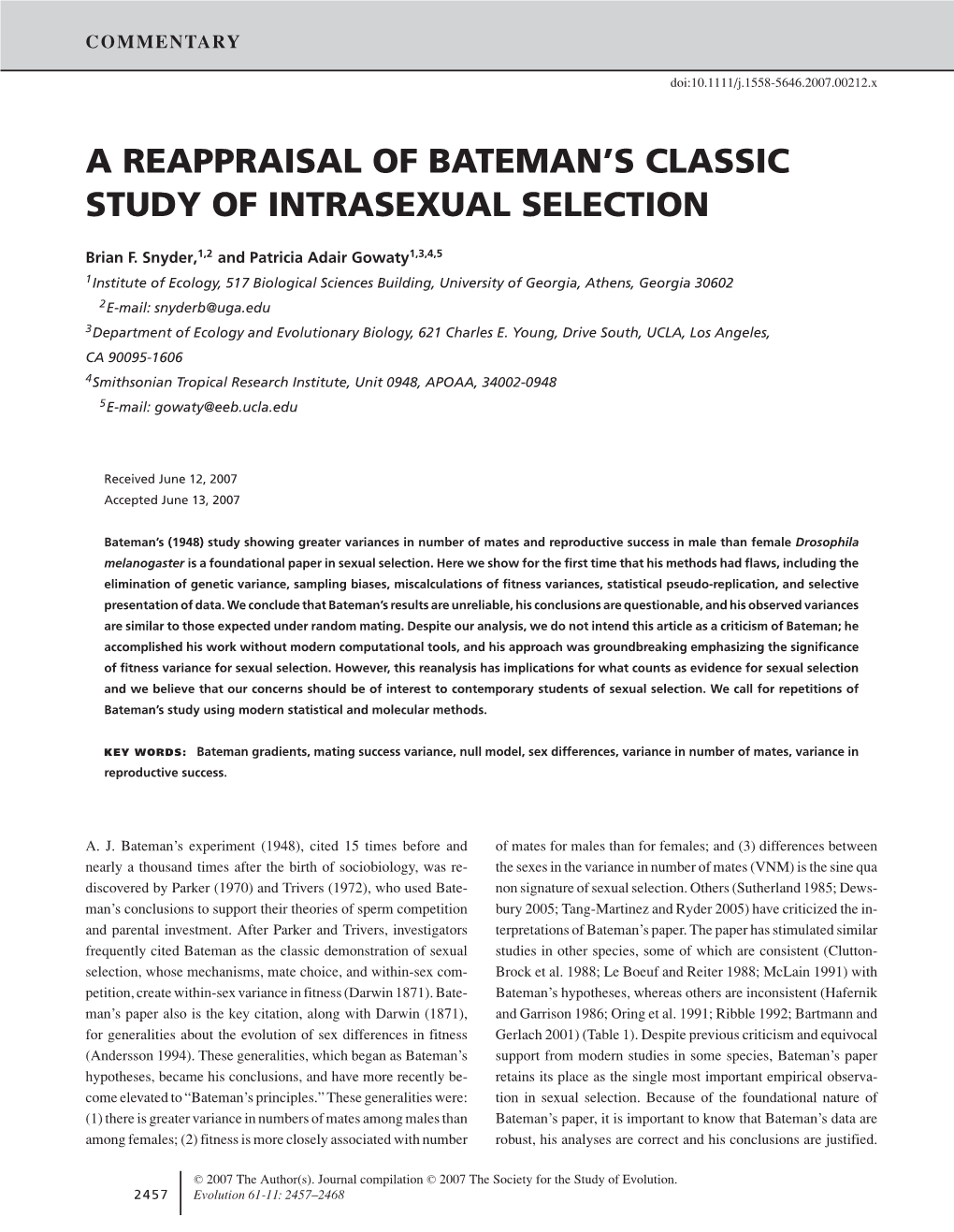 A Reappraisal of Bateman's Classic Study Of