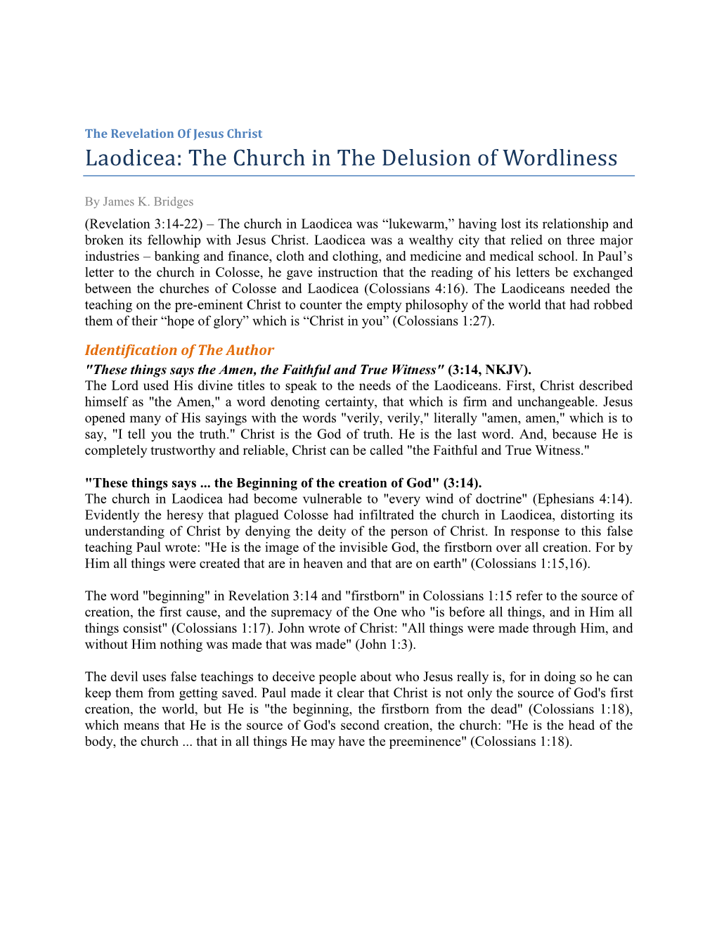 Laodicea: the Church in the Delusion of Wordliness