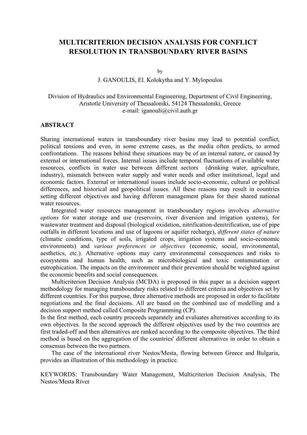 Multicriterion Decision Analysis for Conflict Resolution in Transboundary River Basins