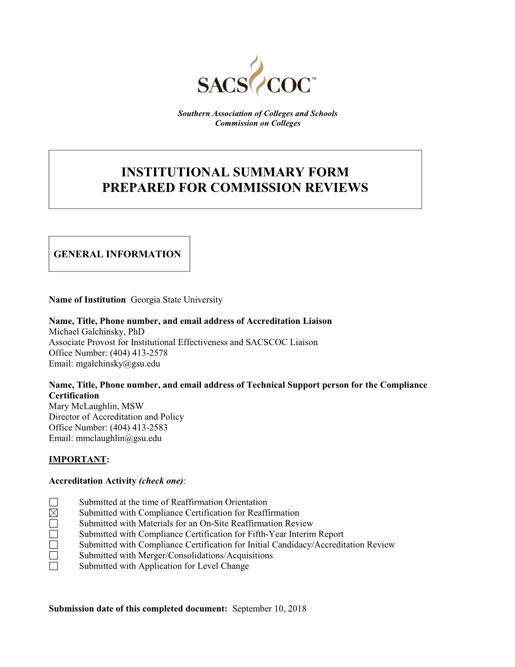 Institutional Summary Form Prepared for Commission Reviews