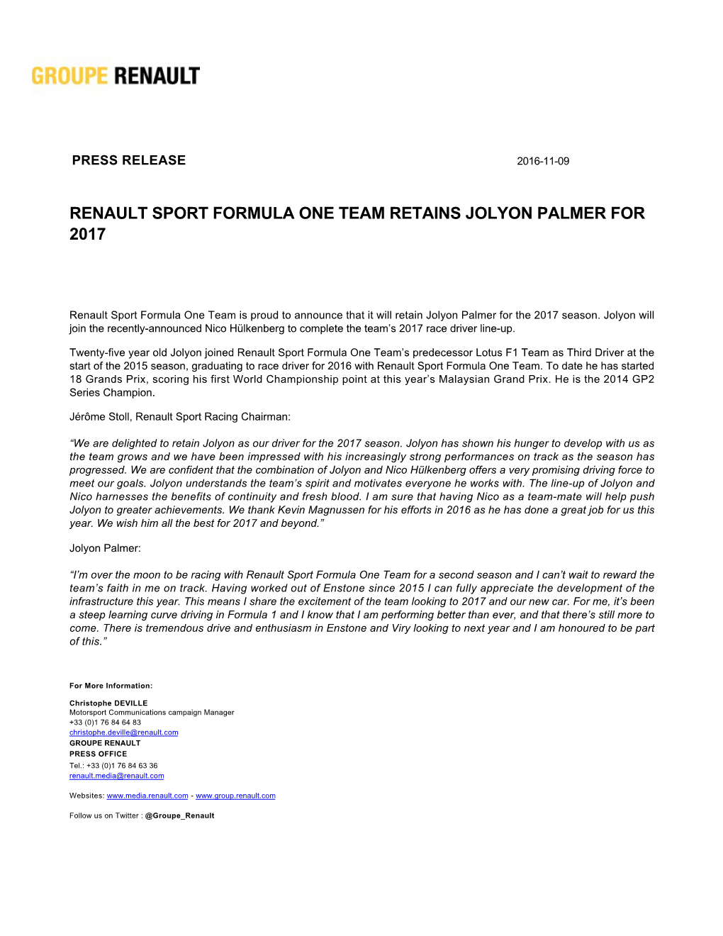 Renault Sport Formula One Team Retains Jolyon Palmer for 2017