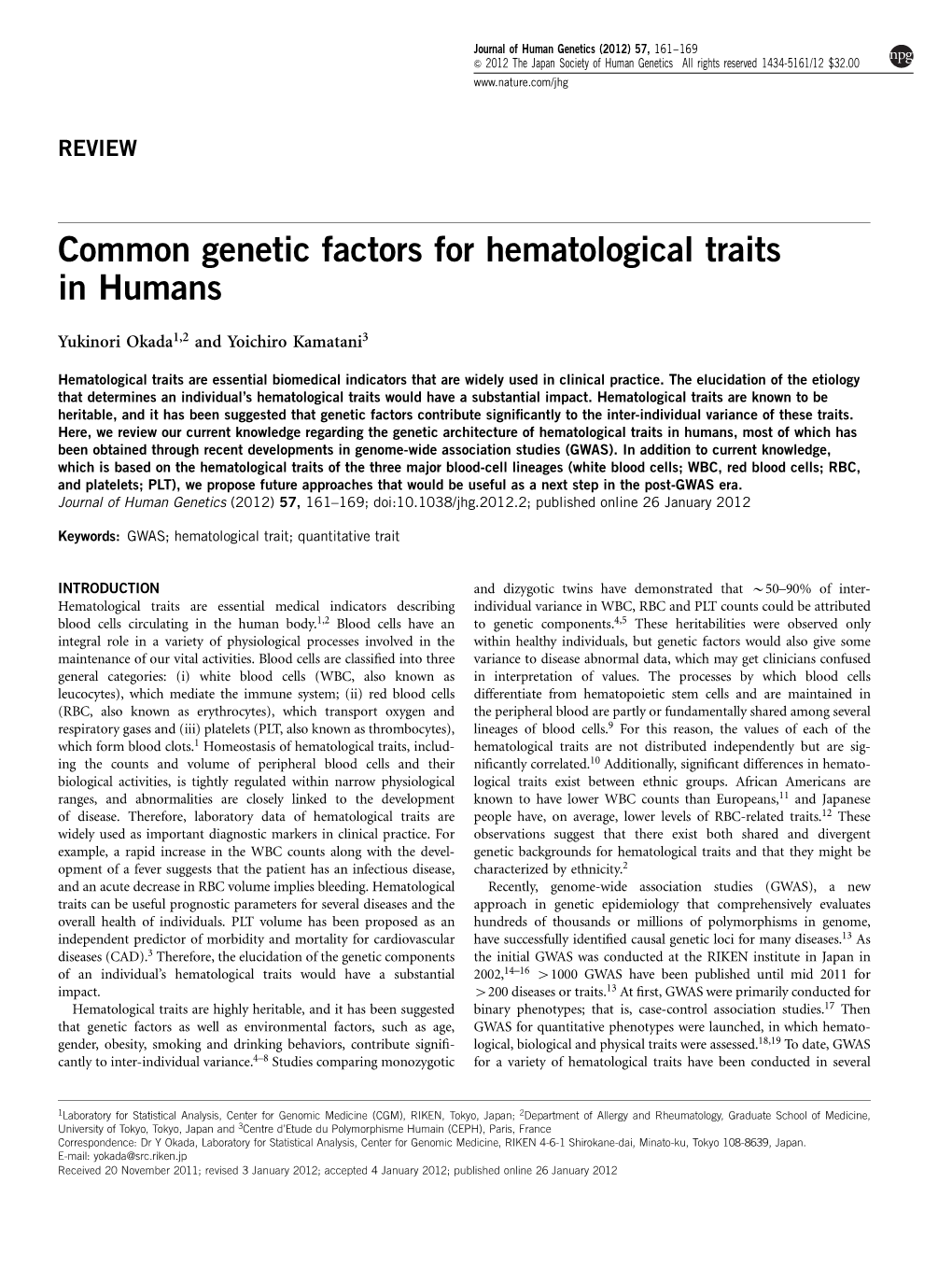 Common Genetic Factors for Hematological Traits in Humans