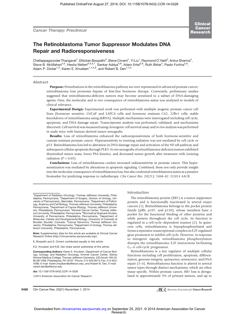 The Retinoblastoma Tumor Suppressor Modulates DNA Repair and Radioresponsiveness