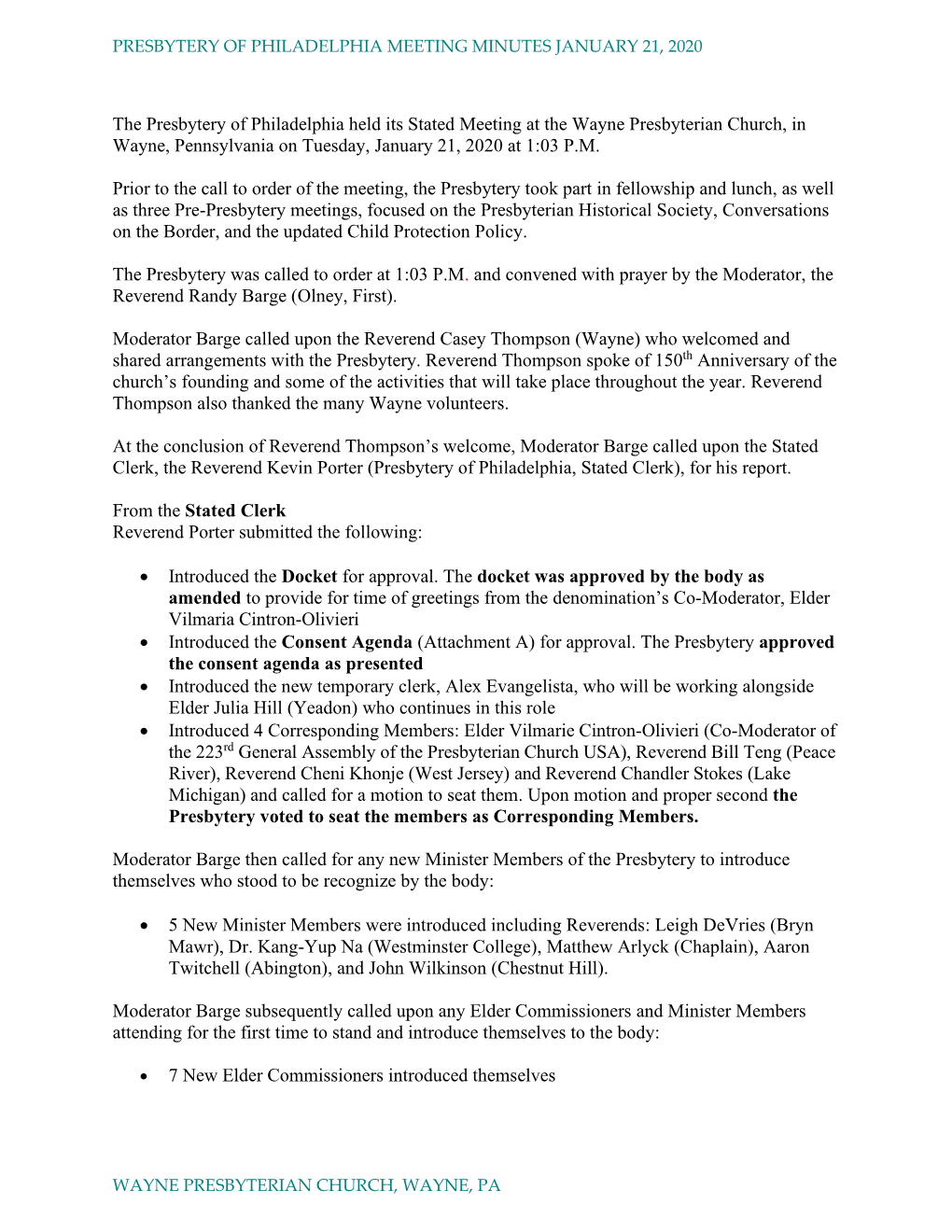 Presbytery of Philadelphia Meeting Minutes January 21, 2020 Wayne