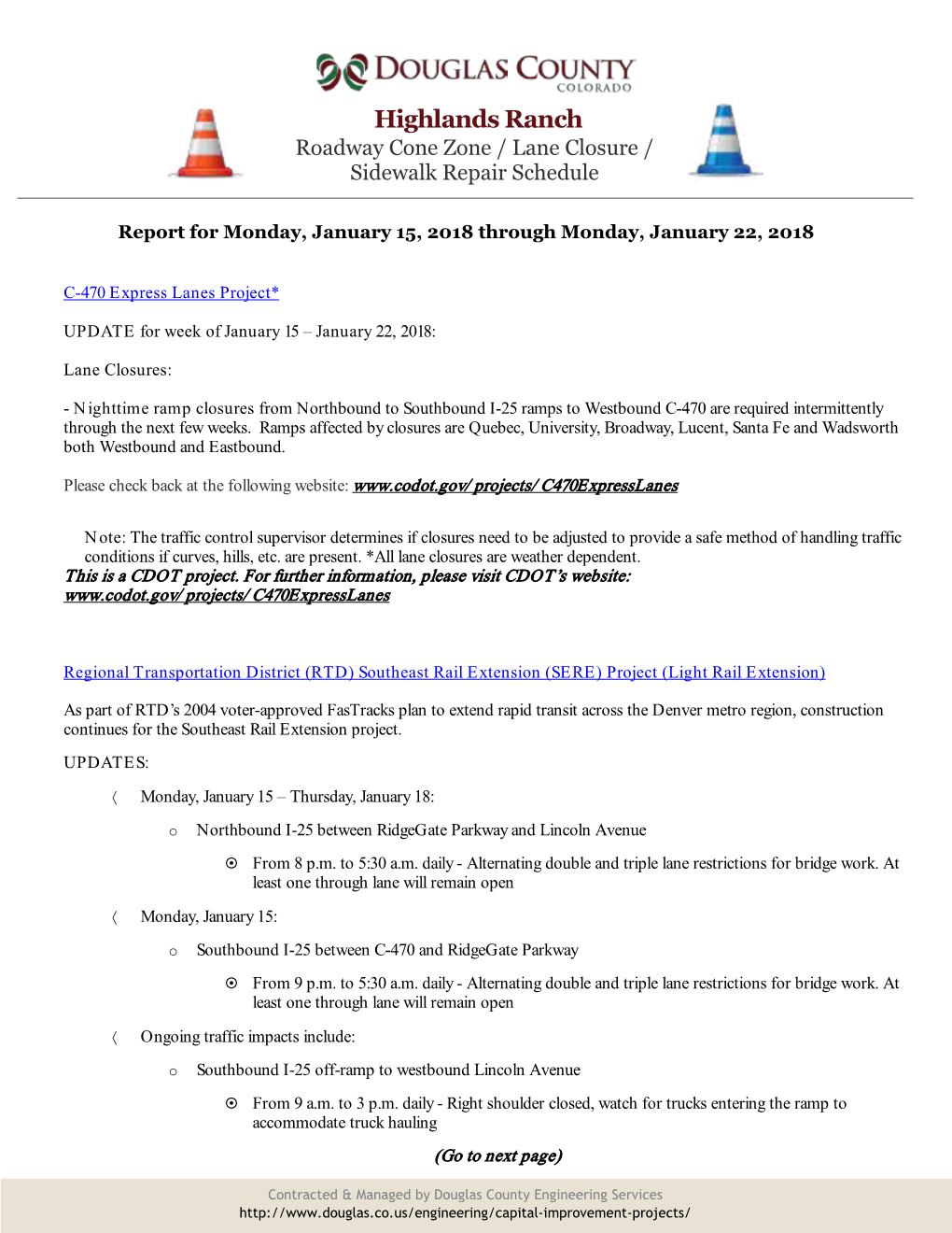 Highlands Ranch Roadway Cone Zone / Lane Closure / Sidewalk Repair Schedule