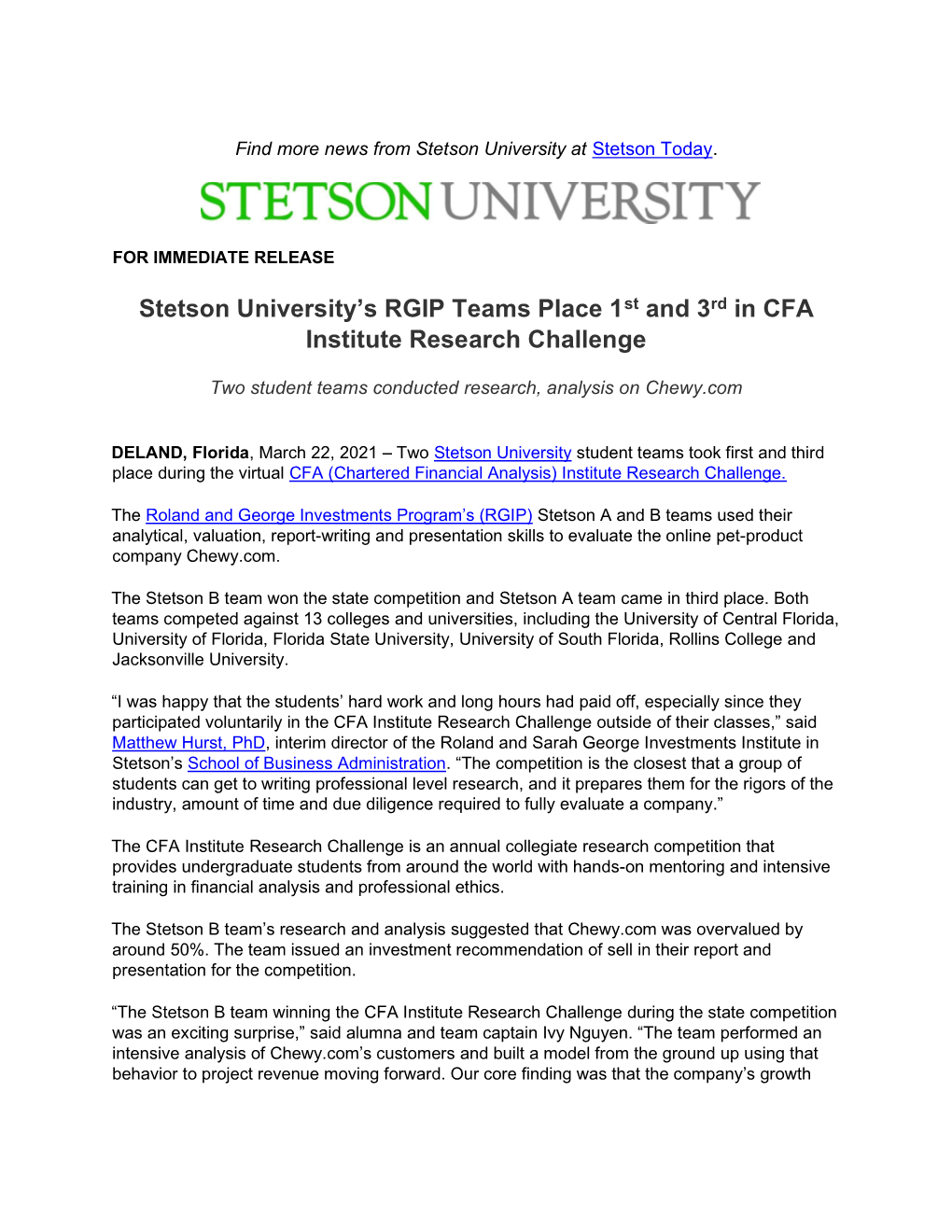 Stetson University's RGIP Teams Place 1St and 3Rd in CFA Institute Research Challenge