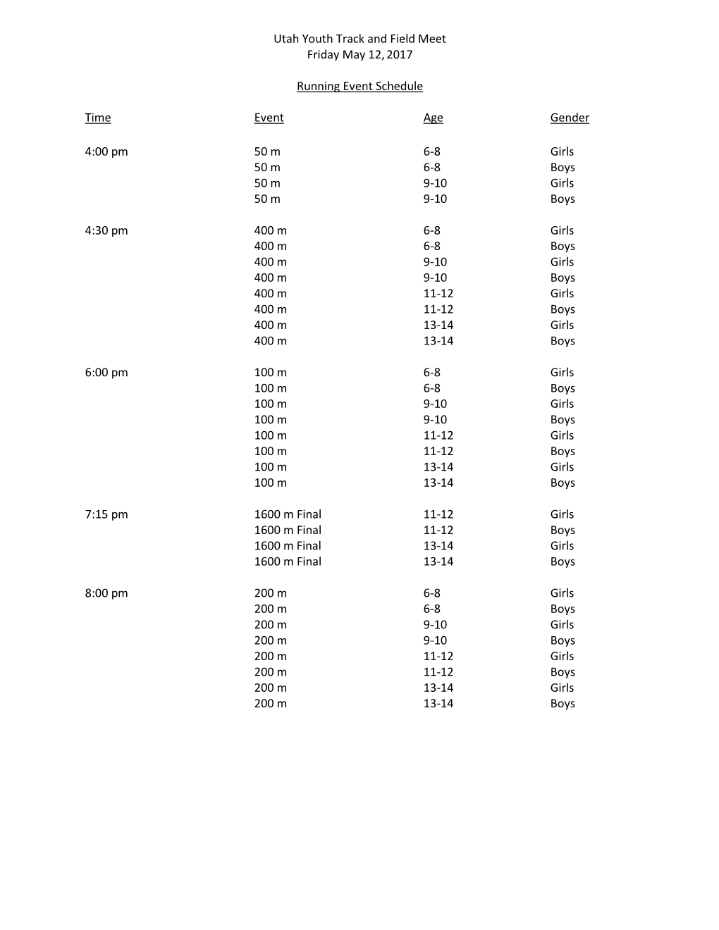 Utah Youth Track and Field Meet Friday May 12,2017 Running Event