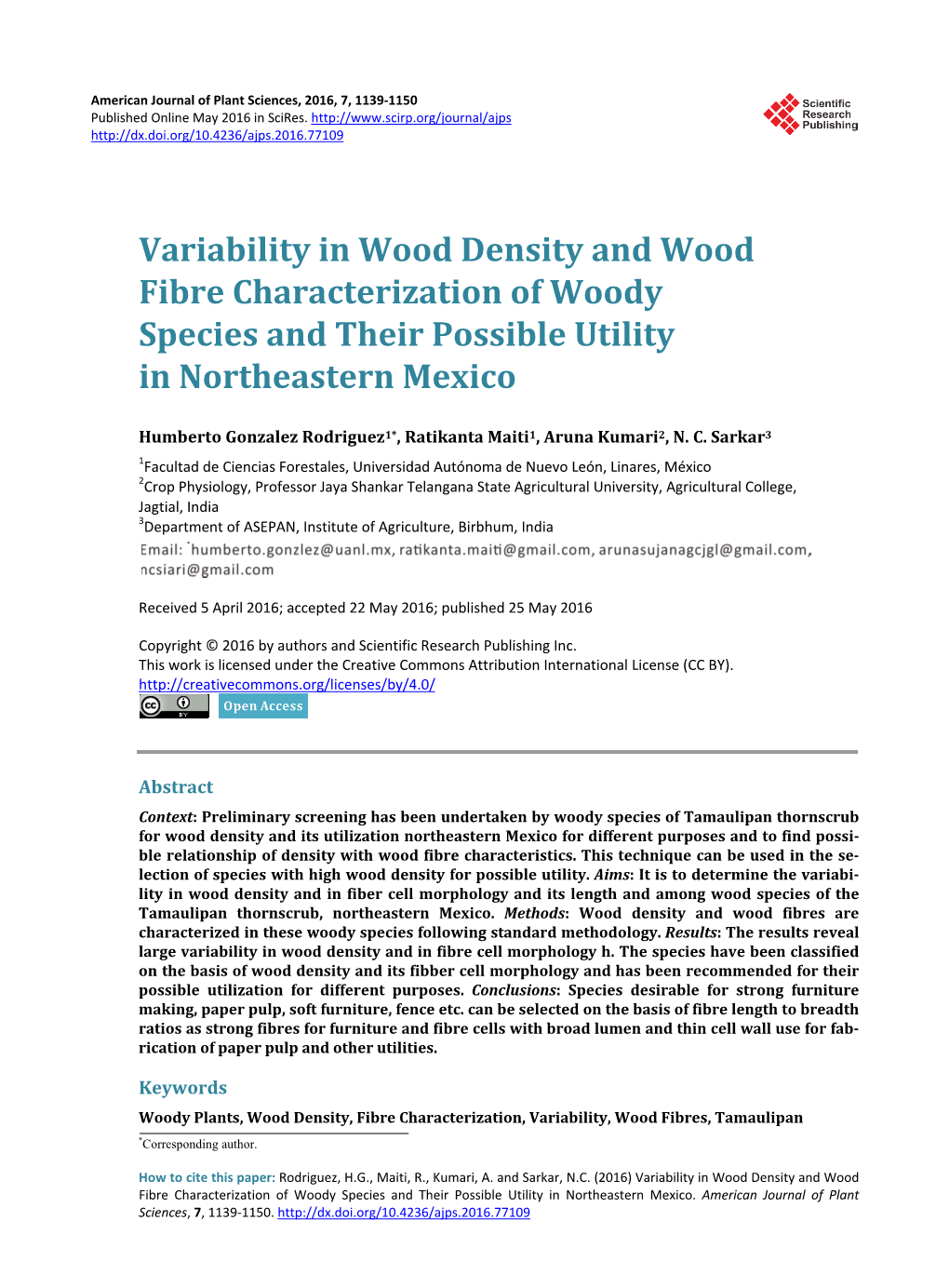 Variability in Wood Density and Wood Fibre Characterization of Woody Species and Their Possible Utility in Northeastern Mexico