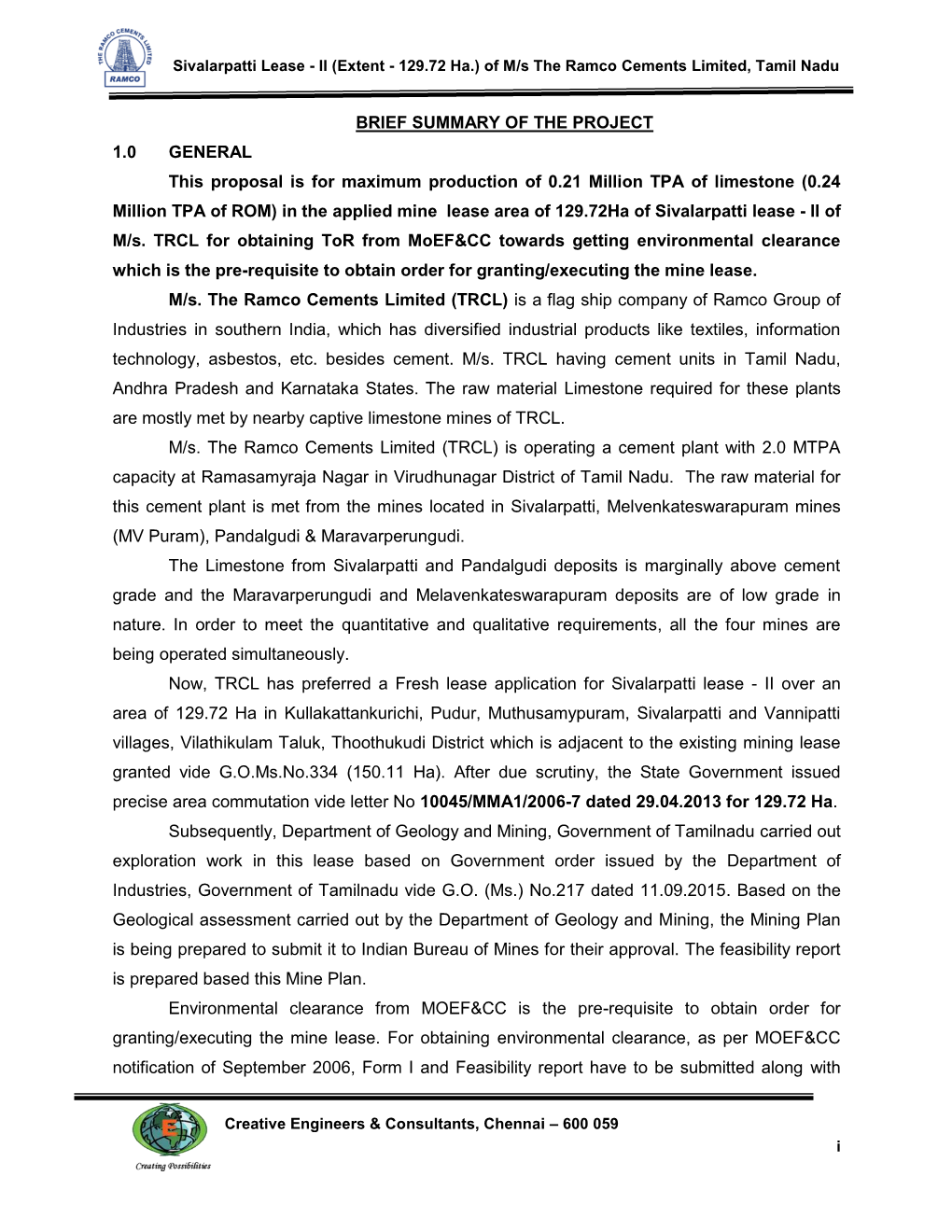 Sivalarpatti Lease - II (Extent - 129.72 Ha.) of M/S the Ramco Cements Limited, Tamil Nadu