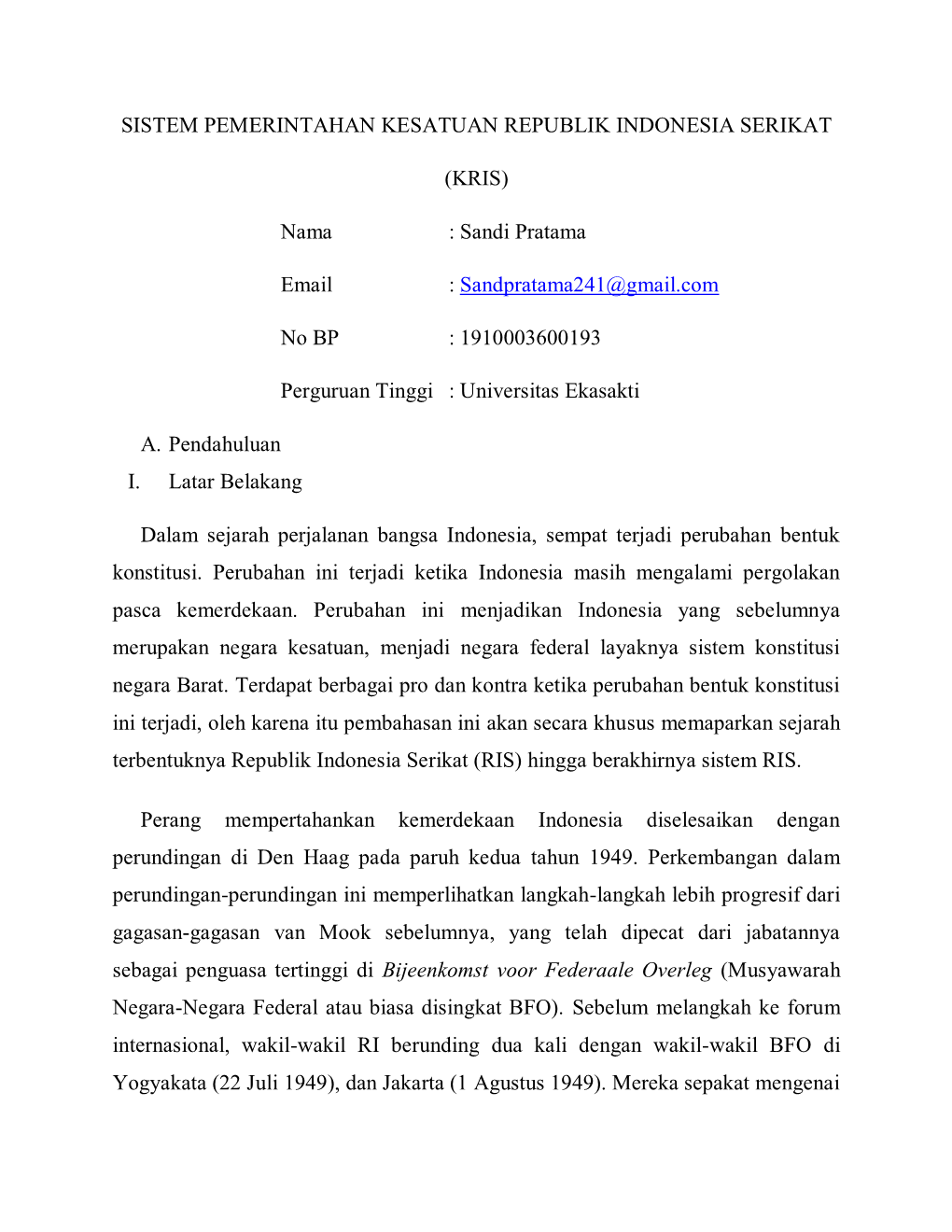 Sistem Pemerintahan Kesatuan Republik Indonesia Serikat