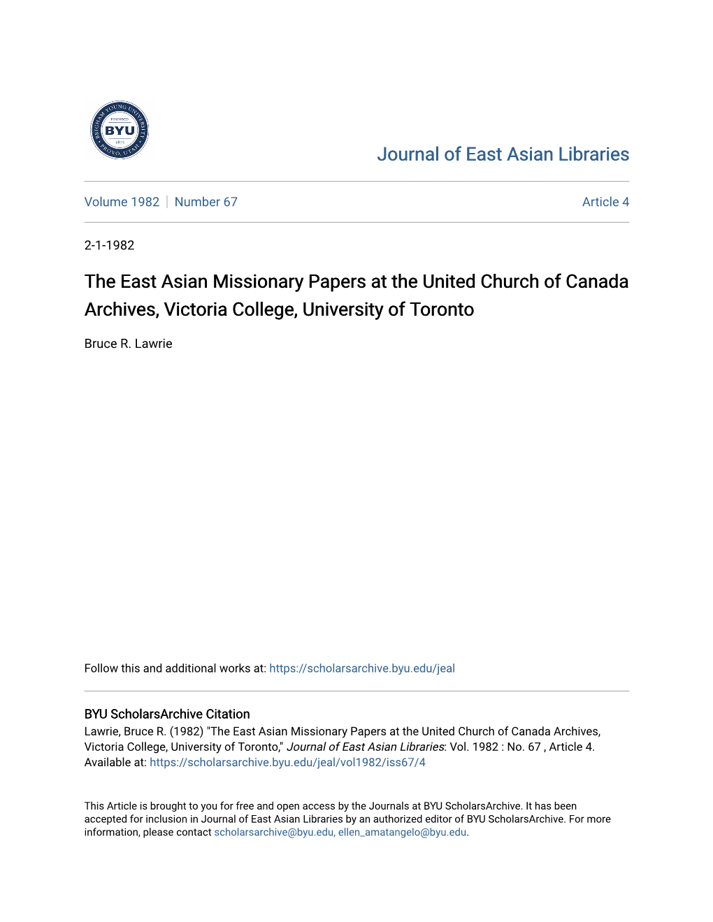 The East Asian Missionary Papers at the United Church of Canada Archives, Victoria College, University of Toronto