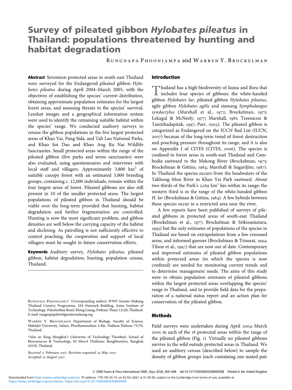 Survey of Pileated Gibbon Hylobates Pileatus in Thailand: Populations Threatened by Hunting and Habitat Degradation R Ungnapa P Hoonjampa and W Arren Y