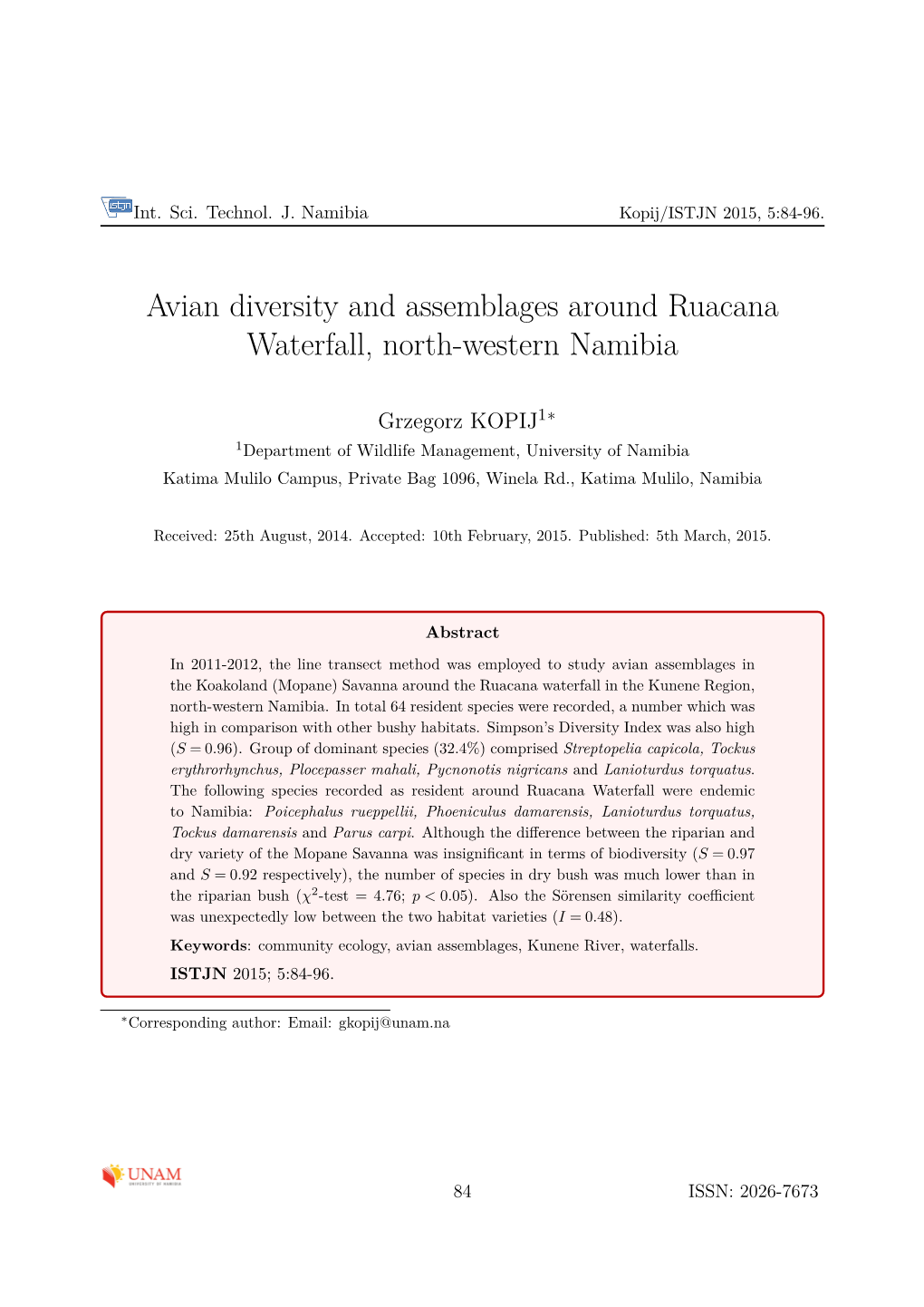 Avian Diversity and Assemblages Around Ruacana Waterfall, North-Western Namibia