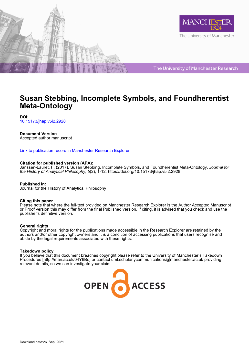 Susan Stebbing, Incomplete Symbols, and Foundherentist Meta-Ontology