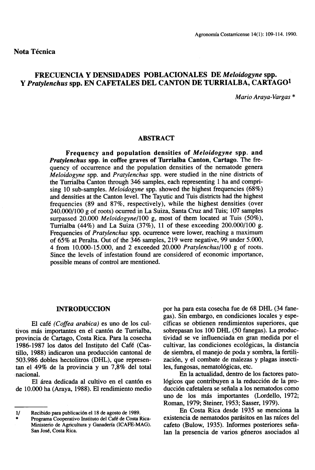 Frecuencia Y Población De Meloidogyne Spp. Y Pratylenchus