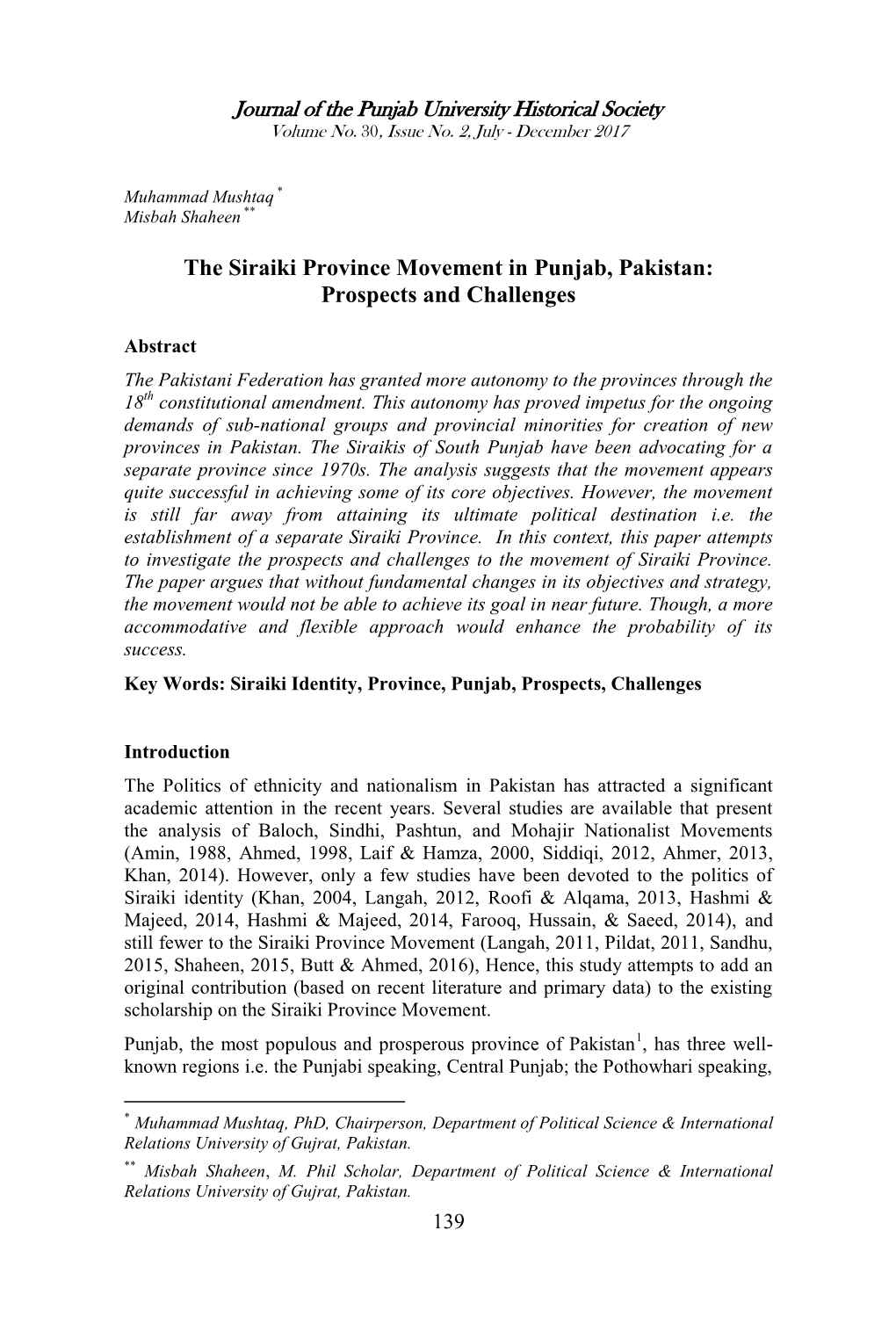 The Siraiki Province Movement in Punjab, Pakistan: Prospects and Challenges