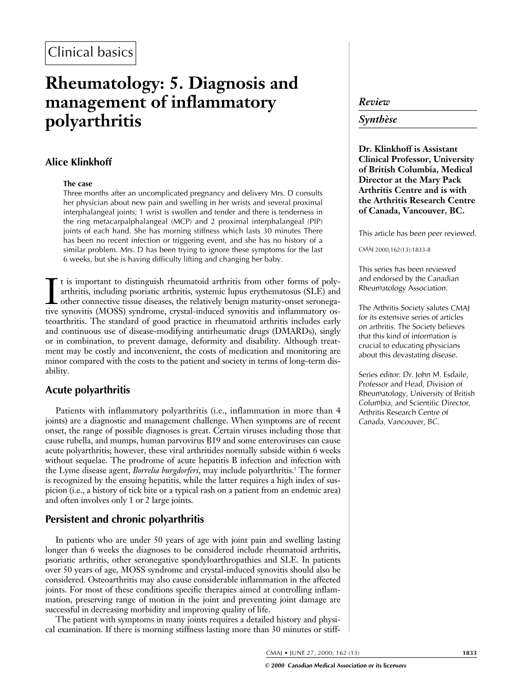 Rheumatology: 5. Diagnosis and Management of Inflammatory Polyarthritis