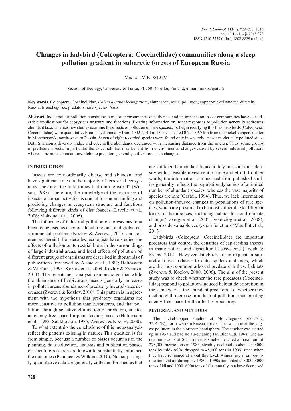 Coleoptera: Coccinellidae) Communities Along a Steep Pollution Gradient in Subarctic Forests of European Russia