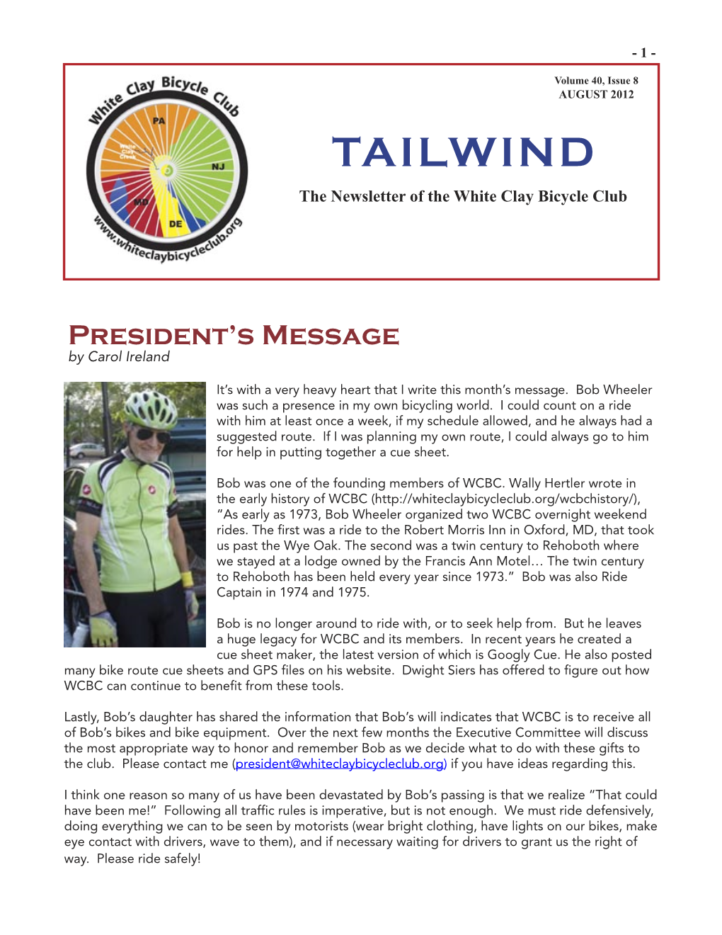 TAILWIND the Newsletter of the White Clay Bicycle Club