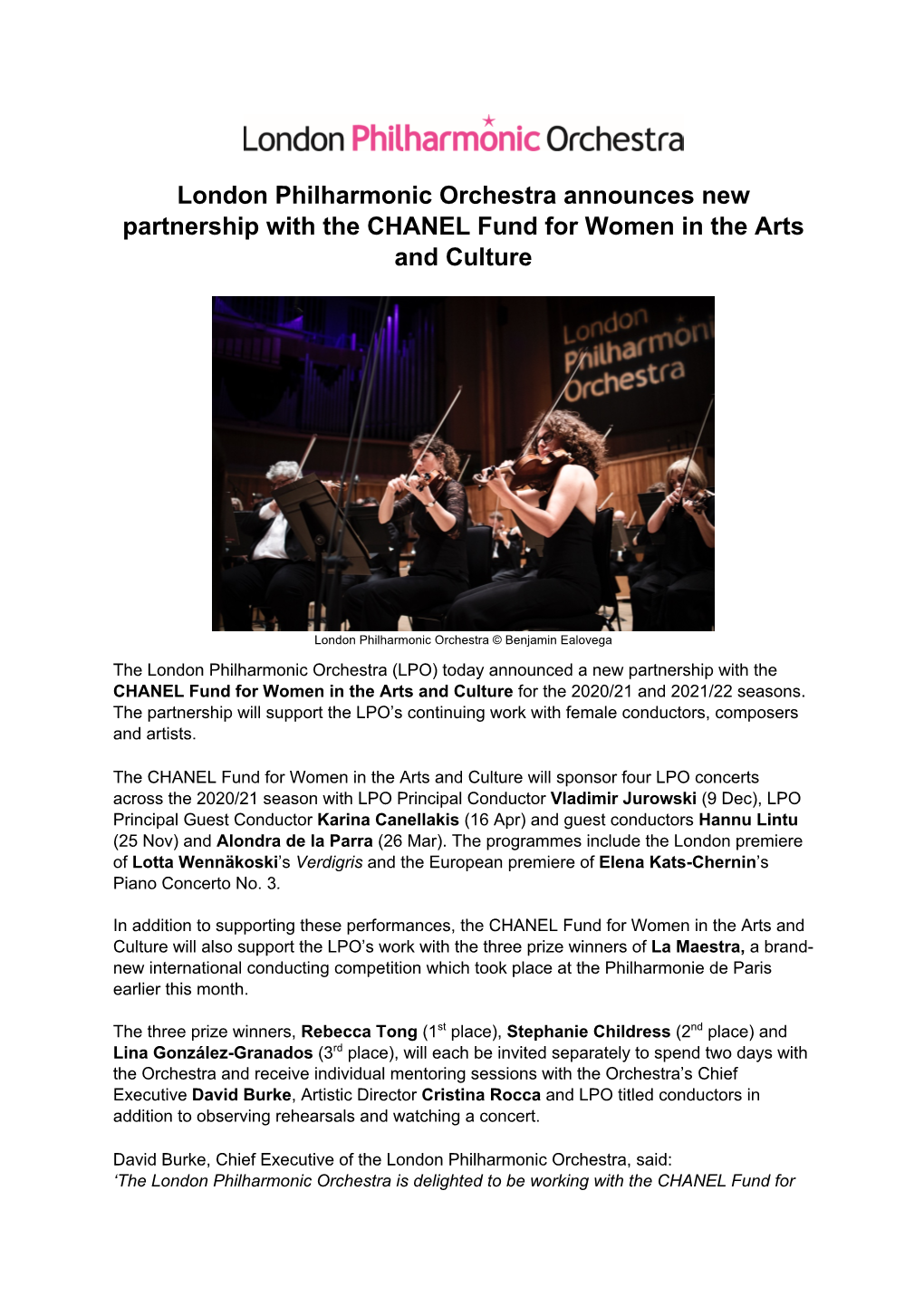 London Philharmonic Orchestra Announces New Partnership with the CHANEL Fund for Women in the Arts and Culture