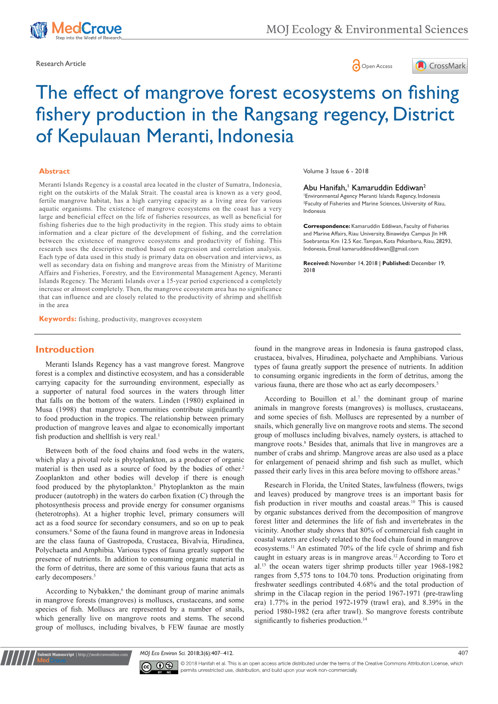 The Effect of Mangrove Forest Ecosystems on Fishing Fishery Production in the Rangsang Regency, District of Kepulauan Meranti, Indonesia