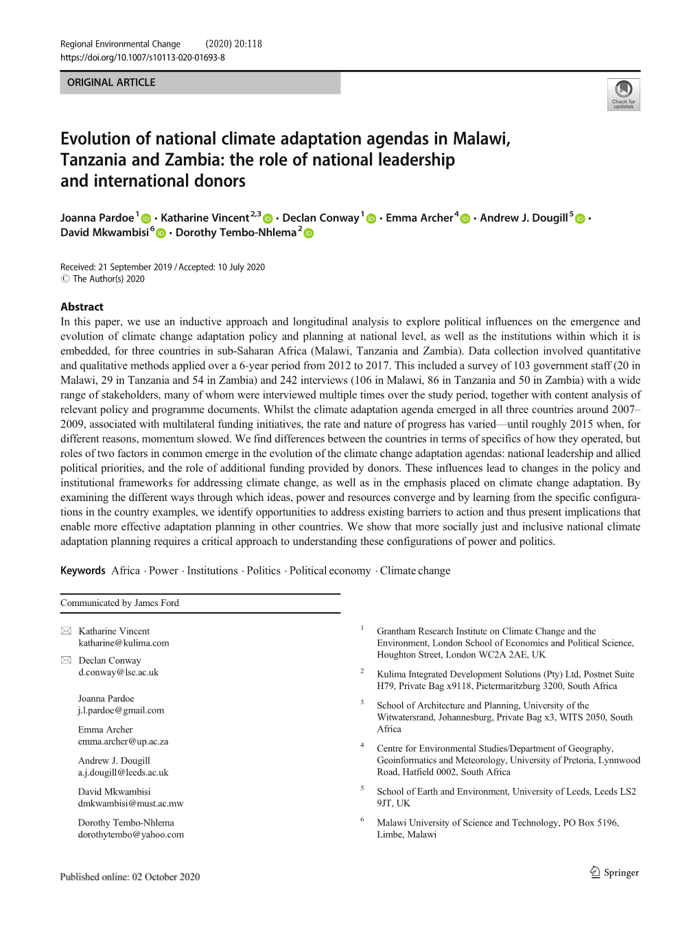 Evolution of National Climate Adaptation Agendas in Malawi, Tanzania and Zambia: the Role of National Leadership and International Donors