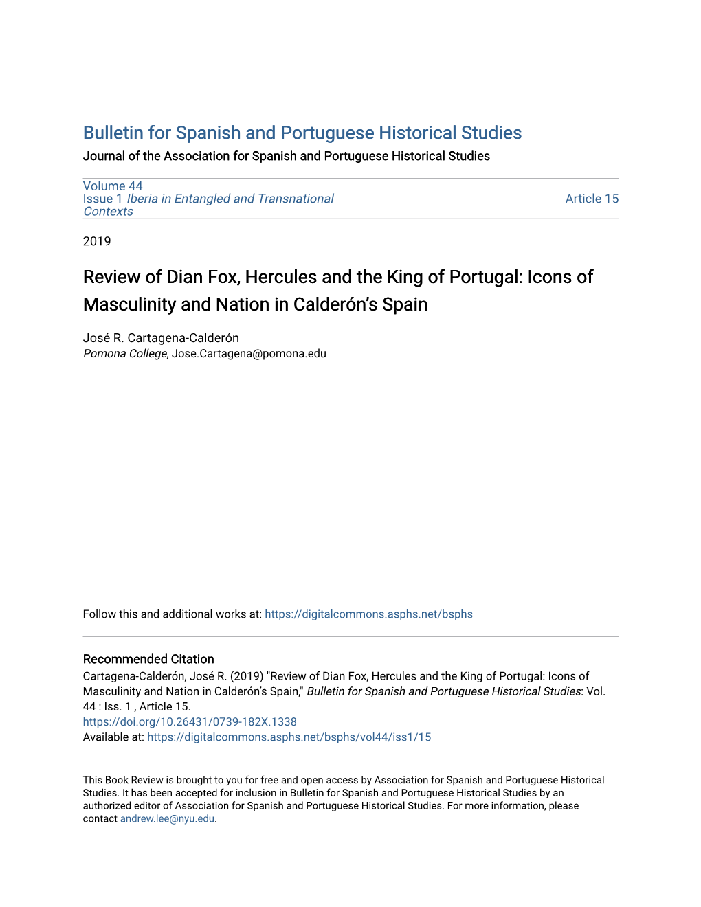 Review of Dian Fox, Hercules and the King of Portugal: Icons of Masculinity and Nation in Calderón’S Spain