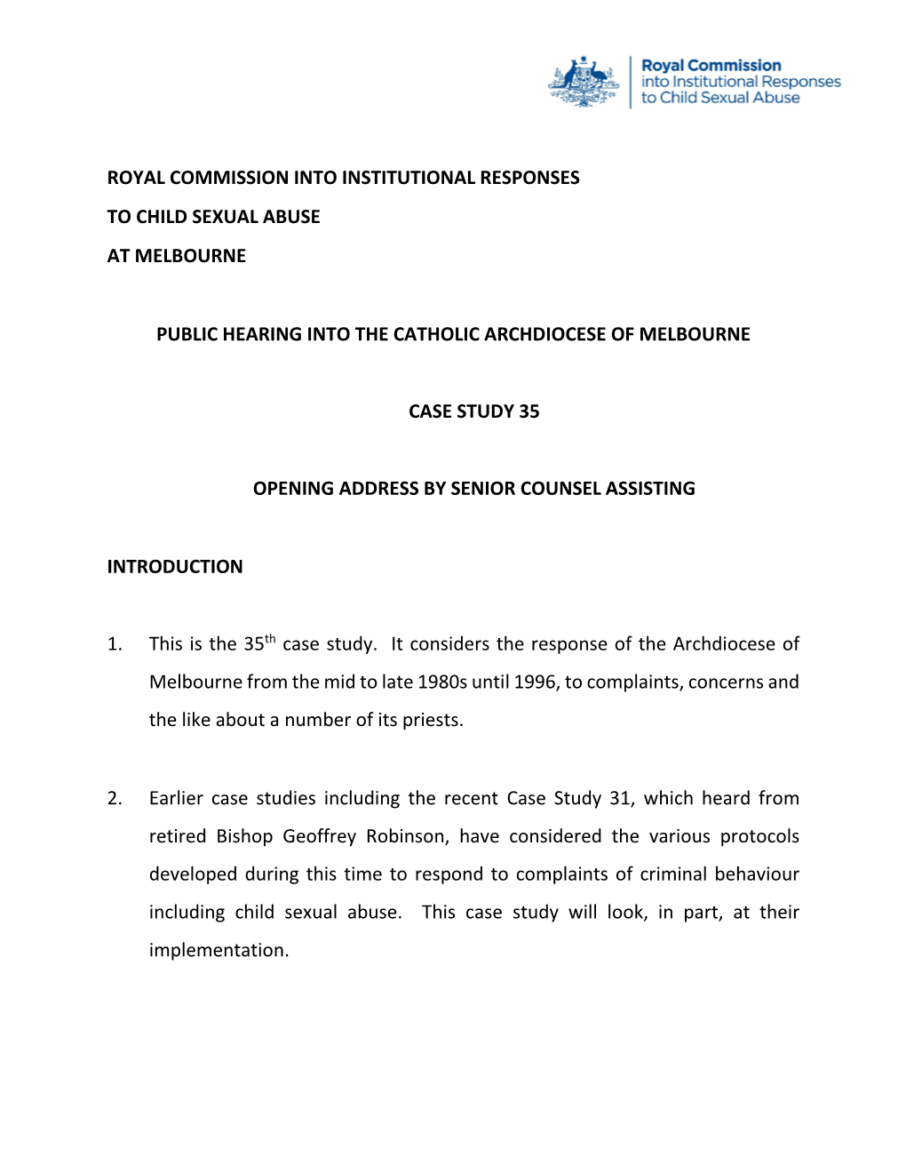 Royal Commission Into Institutional Responses to Child Sexual Abuse at Melbourne