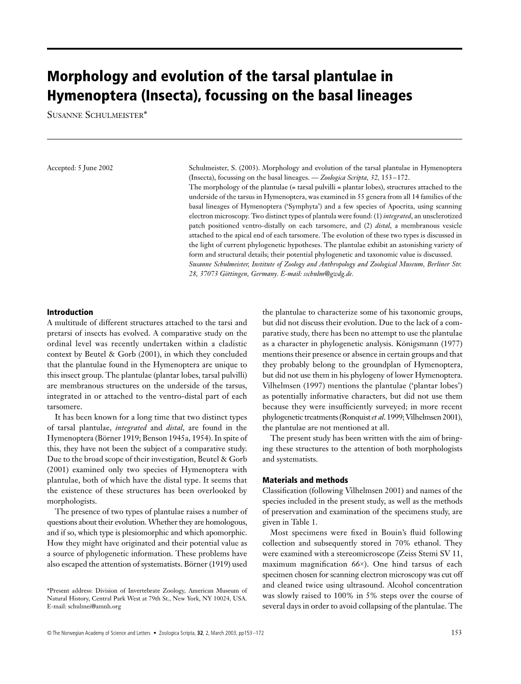 Morphology and Evolution of the Tarsal Plantulae in Hymenoptera (Insecta), Focussing on the Basal Lineages