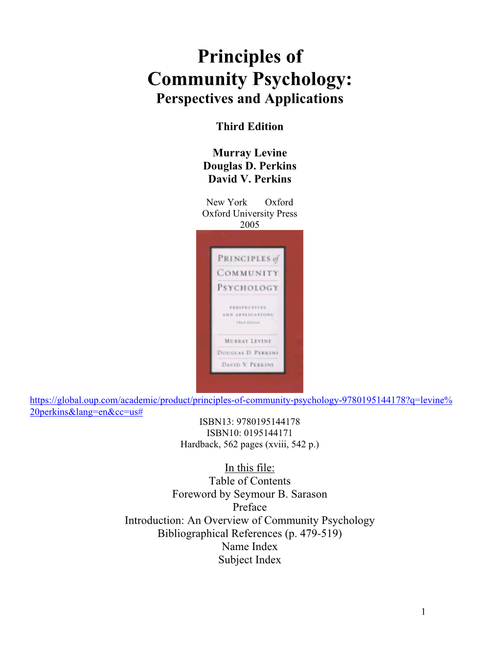 Principles of Community Psychology: Perspectives and Applications