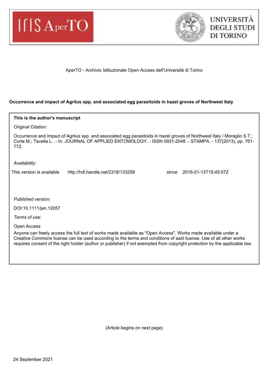 Archivio Istituzionale Open Access Dell'università Di Torino Occurrence and Impact of Agrilus Spp. And