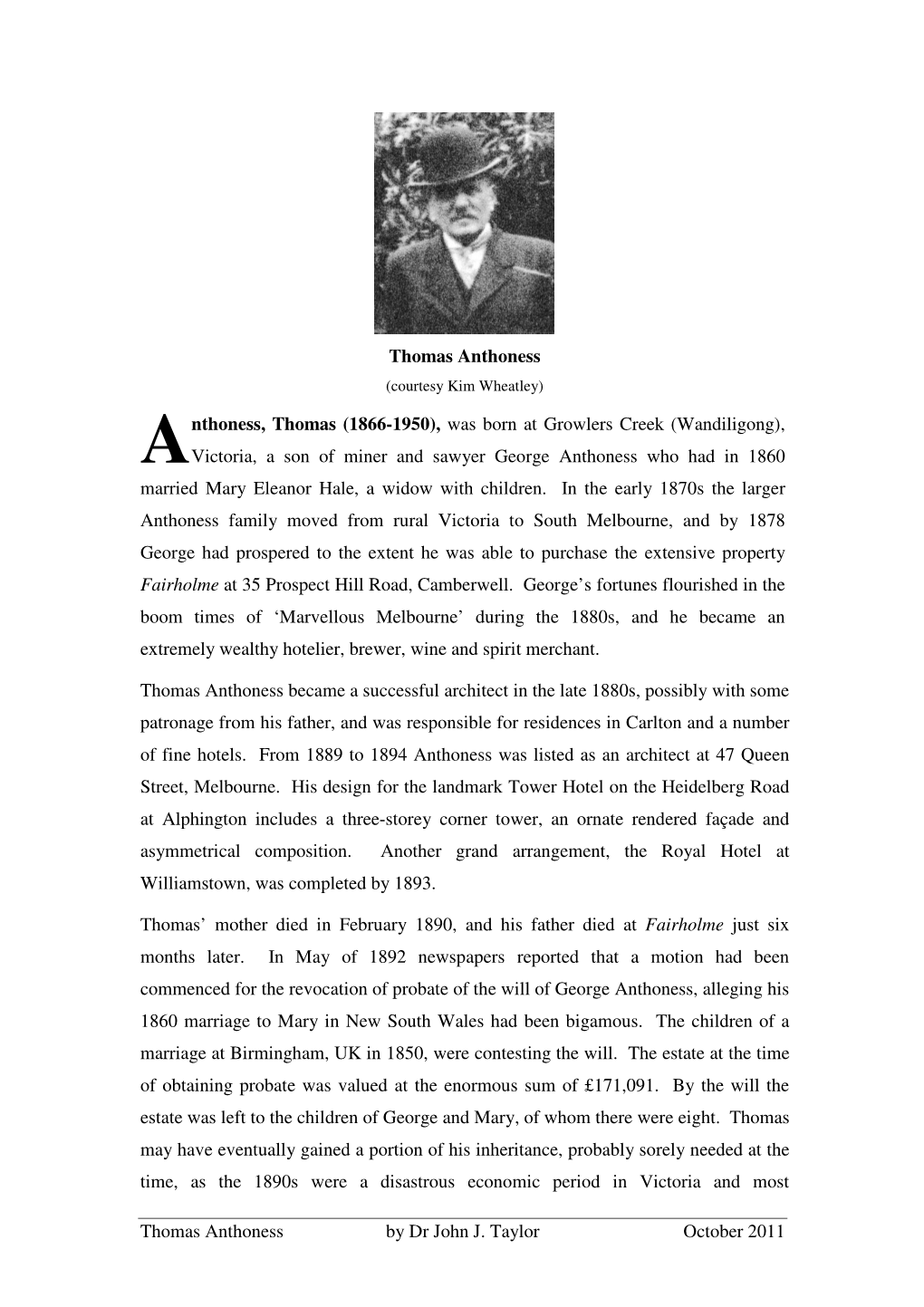 Thomas Anthoness by Dr John J. Taylor October 2011 Thomas Anthoness Nthoness, Thomas (1866-1950), Was Born at Growlers Creek