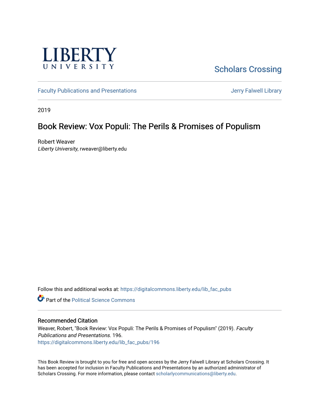 Book Review: Vox Populi: the Perils & Promises of Populism