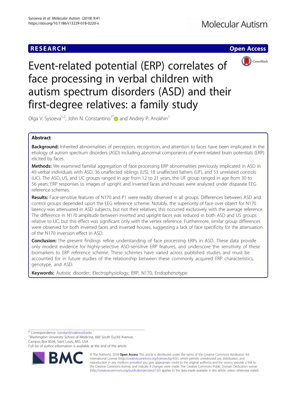 ERP) Correlates of Face Processing in Verbal Children with Autism Spectrum Disorders (ASD) and Their First-Degree Relatives: a Family Study Olga V