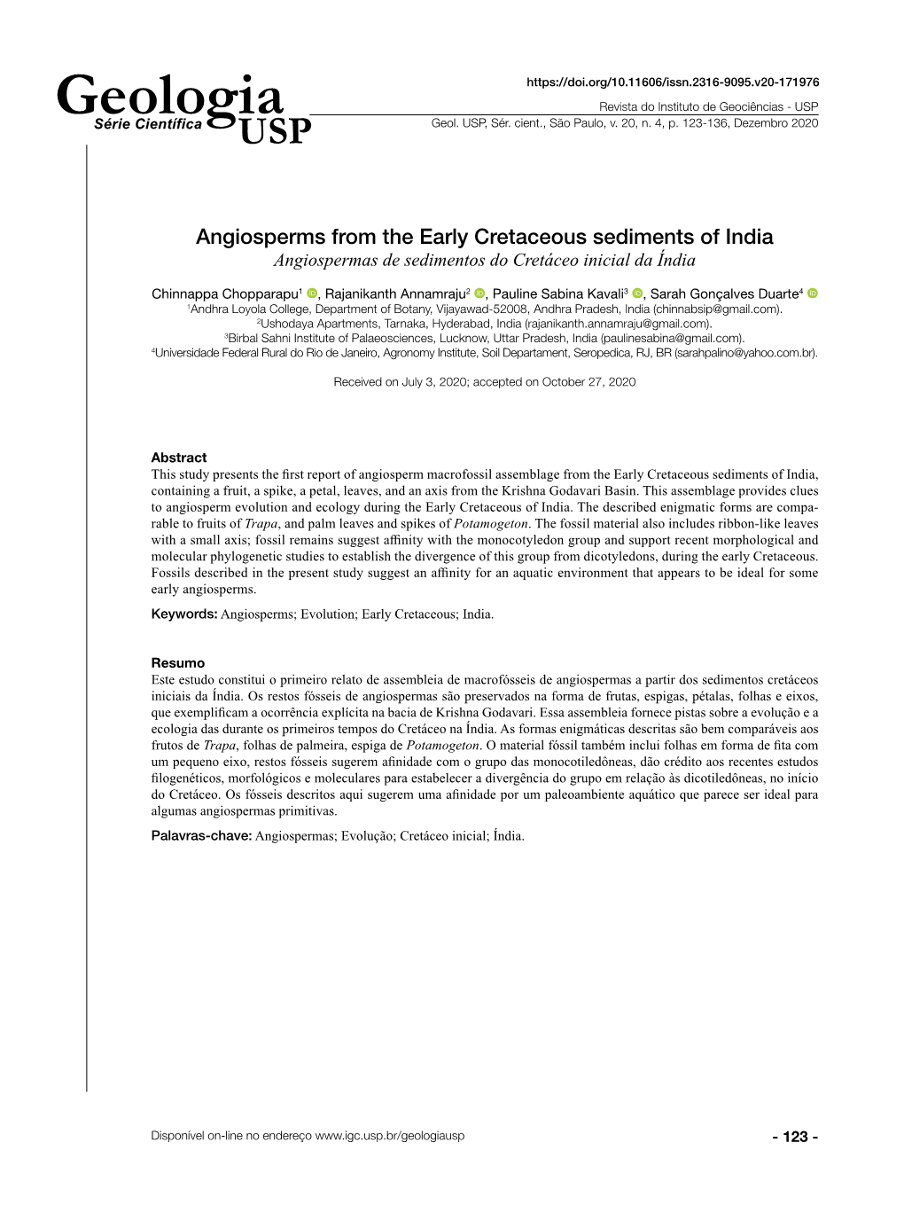 Angiosperms from the Early Cretaceous Sediments of India Angiospermas De Sedimentos Do Cretáceo Inicial Da Índia