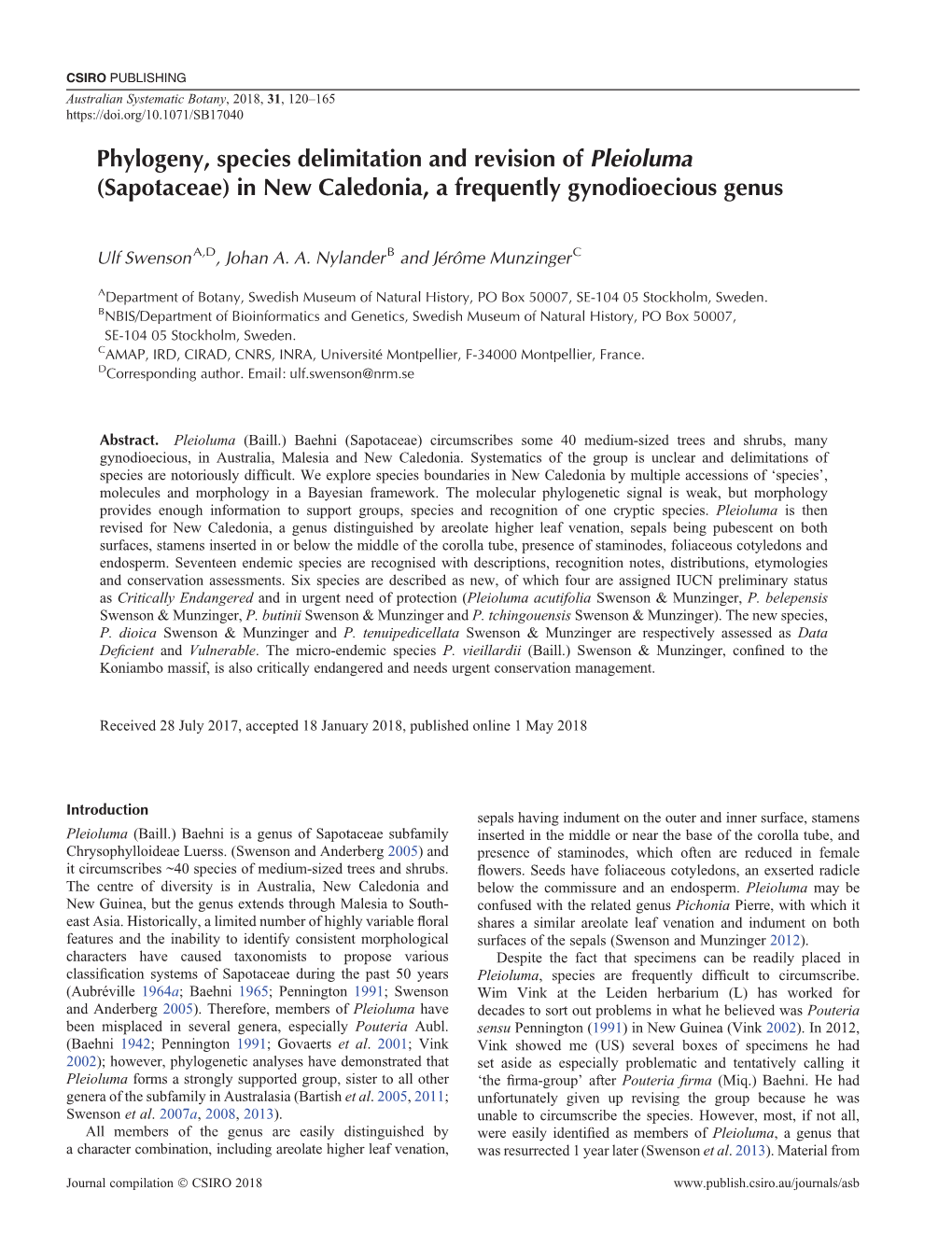 Phylogeny, Species Delimitation and Revision of Pleioluma (Sapotaceae) in New Caledonia, a Frequently Gynodioecious Genus