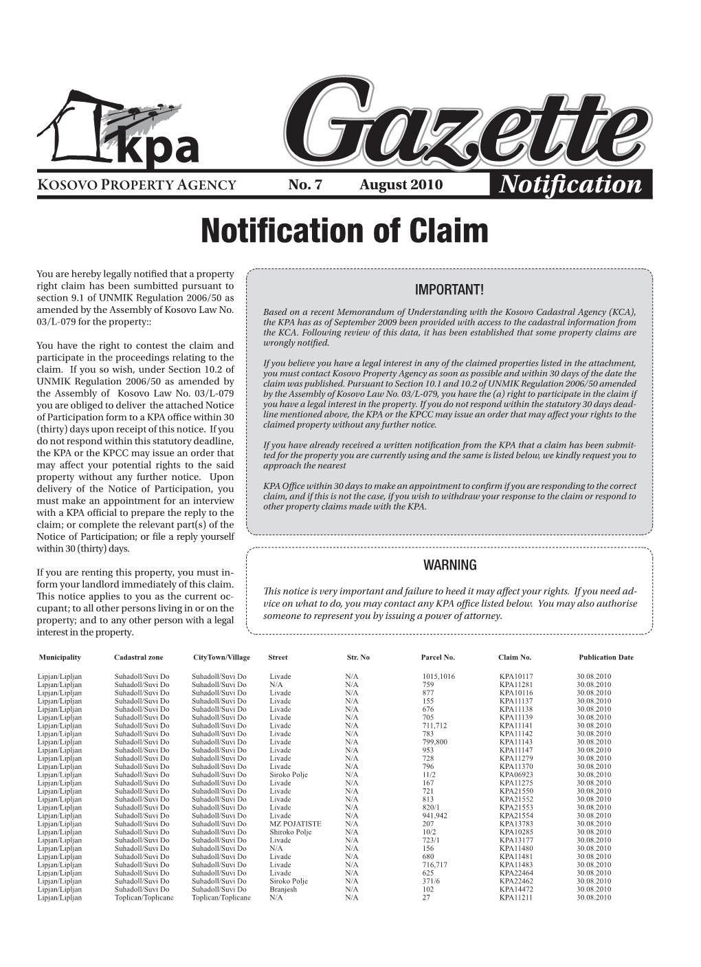 Notification of Claim