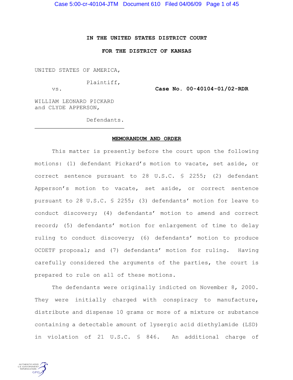 Case 5:00-Cr-40104-JTM Document 610 Filed 04/06/09 Page 1 of 45
