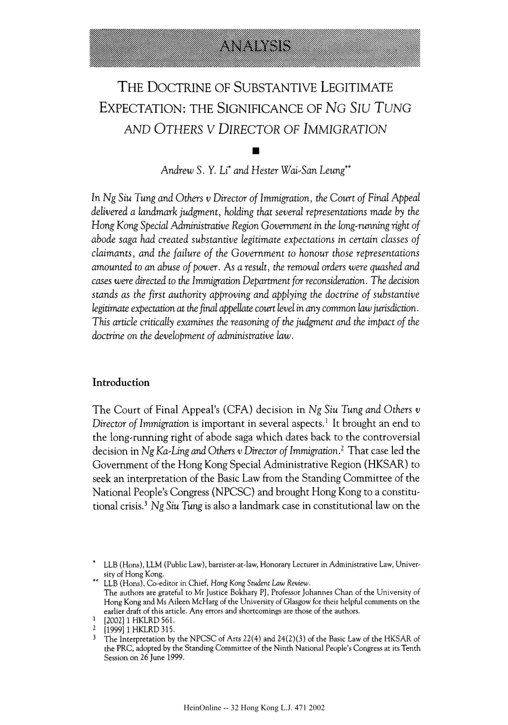 THE DOCTRINE of SUBSTANTIVE LEGITIMATE EXPECTATION: the SIGNIFICANCE of No Siu TUNG and OTHERS V DIRECTOR of IMMIGRATION E Andrew S