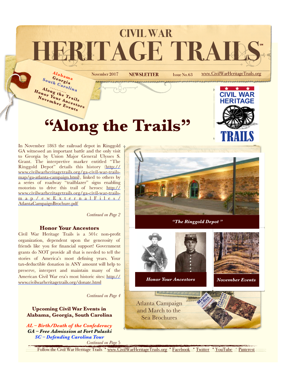 CIVIL WAR HERITAGE TRAILS℠ Alabama November 2017 NEWSLETTER Issue No.63 Southgeorgia Carolina